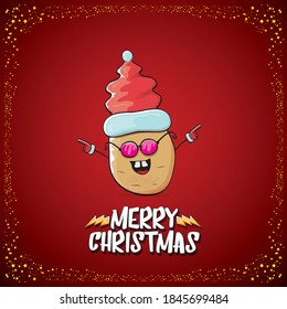 vector funky comic cartoon cute brown smiling santa claus potato with red santa hat and cartoon merry christmas text isolated on classic red background. vegetable funky christmas kids character