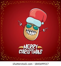 vector funky comic cartoon cute brown smiling santa claus potato with red santa hat and cartoon merry christmas text isolated on classic red background. vegetable funky christmas kids character