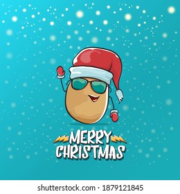 vector funky comic cartoon cute brown smiling santa claus potato with red santa hat and cartoon merry christmas text isolated on azure background with snow. vegetable funky christmas kids character