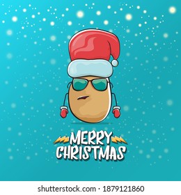 vector funky comic cartoon cute brown smiling santa claus potato with red santa hat and cartoon merry christmas text isolated on azure background with snow. vegetable funky christmas kids character
