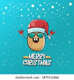 vector funky comic cartoon cute brown smiling santa claus potato with red santa hat and cartoon merry christmas text isolated on azure background with snow. vegetable funky christmas kids character