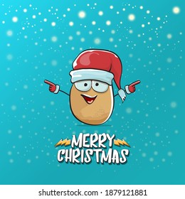 vector funky comic cartoon cute brown smiling santa claus potato with red santa hat and cartoon merry christmas text isolated on azure background with snow. vegetable funky christmas kids character
