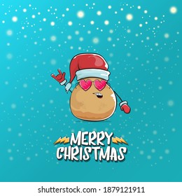 vector funky comic cartoon cute brown smiling santa claus potato with red santa hat and cartoon merry christmas text isolated on azure background with snow. vegetable funky christmas kids character