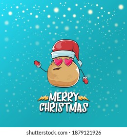 vector funky comic cartoon cute brown smiling santa claus potato with red santa hat and cartoon merry christmas text isolated on azure background with snow. vegetable funky christmas kids character
