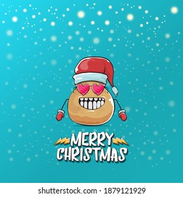 vector funky comic cartoon cute brown smiling santa claus potato with red santa hat and cartoon merry christmas text isolated on azure background with snow. vegetable funky christmas kids character