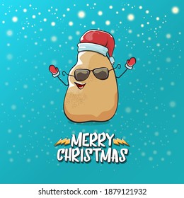 vector funky comic cartoon cute brown smiling santa claus potato with red santa hat and cartoon merry christmas text isolated on azure background with snow. vegetable funky christmas kids character