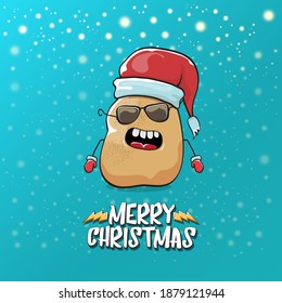 vector funky comic cartoon cute brown smiling santa claus potato with red santa hat and cartoon merry christmas text isolated on azure background with snow. vegetable funky christmas kids character