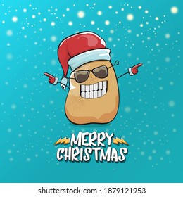 vector funky comic cartoon cute brown smiling santa claus potato with red santa hat and cartoon merry christmas text isolated on azure background with snow. vegetable funky christmas kids character