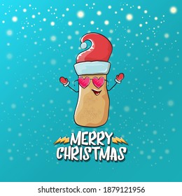 vector funky comic cartoon cute brown smiling santa claus potato with red santa hat and cartoon merry christmas text isolated on azure background with snow. vegetable funky christmas kids character