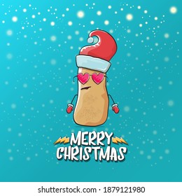 vector funky comic cartoon cute brown smiling santa claus potato with red santa hat and cartoon merry christmas text isolated on azure background with snow. vegetable funky christmas kids character