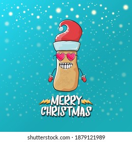 vector funky comic cartoon cute brown smiling santa claus potato with red santa hat and cartoon merry christmas text isolated on azure background with snow. vegetable funky christmas kids character