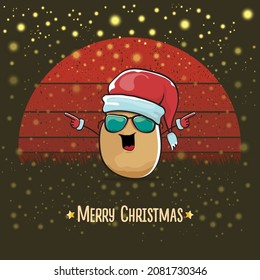 vector funky comic cartoon cute smiling Santa Claus potato with red Santa hat and cartoon merry Christmas text isolated on vintage red background with sun. Childrens Christmas card with funny Santa