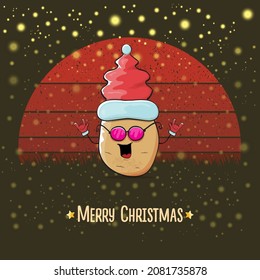 vector funky comic cartoon cute smiling Santa Claus potato with red Santa hat and cartoon merry Christmas text isolated on vintage red background with sun. Childrens Christmas card with funny Santa