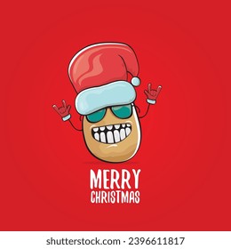 vector funky comic cartoon cute smiling santa claus potato with red santa hat and calligraphic merry christmas text isolated on red background. Happy Santa Claus clip art 