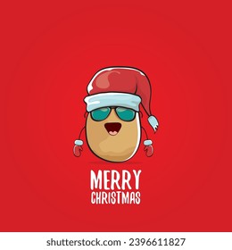 vector funky comic cartoon cute smiling santa claus potato with red santa hat and calligraphic merry christmas text isolated on red background. Happy Santa Claus clip art 