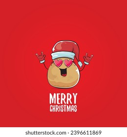 vector funky comic cartoon cute smiling santa claus potato with red santa hat and calligraphic merry christmas text isolated on red background. Happy Santa Claus clip art 