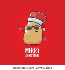 vector funky comic cartoon cute smiling santa claus potato with red santa hat and calligraphic merry christmas text isolated on red background. Happy Santa Claus clip art 