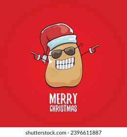 vector funky comic cartoon cute smiling santa claus potato with red santa hat and calligraphic merry christmas text isolated on red background. Happy Santa Claus clip art 