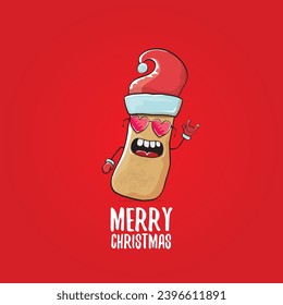 vector funky comic cartoon cute smiling santa claus potato with red santa hat and calligraphic merry christmas text isolated on red background. Happy Santa Claus clip art 