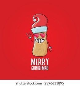 vector funky comic cartoon cute smiling santa claus potato with red santa hat and calligraphic merry christmas text isolated on red background. Happy Santa Claus clip art 