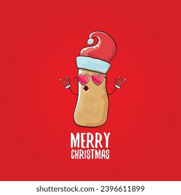 vector funky comic cartoon cute smiling santa claus potato with red santa hat and calligraphic merry christmas text isolated on red background. Happy Santa Claus clip art 