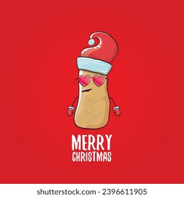 vector funky comic cartoon cute smiling santa claus potato with red santa hat and calligraphic merry christmas text isolated on red background. Happy Santa Claus clip art 