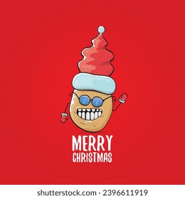 vector funky comic cartoon cute smiling santa claus potato with red santa hat and calligraphic merry christmas text isolated on red background. Happy Santa Claus clip art 