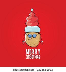 vector funky comic cartoon cute smiling santa claus potato with red santa hat and calligraphic merry christmas text isolated on red background. Happy Santa Claus clip art 