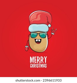 vector funky comic cartoon cute smiling santa claus potato with red santa hat and calligraphic merry christmas text isolated on red background. Happy Santa Claus clip art 