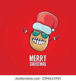 vector funky comic cartoon cute smiling santa claus potato with red santa hat and calligraphic merry christmas text isolated on red background. Happy Santa Claus clip art 