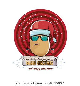 vector funky comic cartoon cute smiling santa claus potato with red santa hat and calligraphic merry christmas text isolated on abstract background with snow. Happy Santa Claus clip art