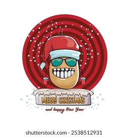 vector funky comic cartoon cute smiling santa claus potato with red santa hat and calligraphic merry christmas text isolated on abstract background with snow. Happy Santa Claus clip art