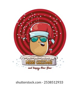 vector funky comic cartoon cute smiling santa claus potato with red santa hat and calligraphic merry christmas text isolated on abstract background with snow. Happy Santa Claus clip art