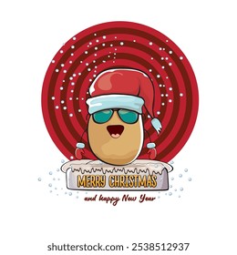 vector funky comic cartoon cute smiling santa claus potato with red santa hat and calligraphic merry christmas text isolated on abstract background with snow. Happy Santa Claus clip art
