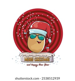 vector funky comic cartoon cute smiling santa claus potato with red santa hat and calligraphic merry christmas text isolated on abstract background with snow. Happy Santa Claus clip art