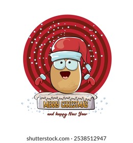 vector funky comic cartoon cute smiling santa claus potato with red santa hat and calligraphic merry christmas text isolated on abstract background with snow. Happy Santa Claus clip art