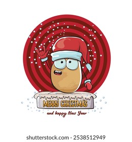 vector funky comic cartoon cute smiling santa claus potato with red santa hat and calligraphic merry christmas text isolated on abstract background with snow. Happy Santa Claus clip art