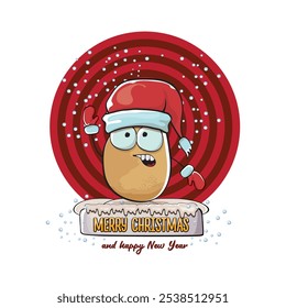 vector funky comic cartoon cute smiling santa claus potato with red santa hat and calligraphic merry christmas text isolated on abstract background with snow. Happy Santa Claus clip art