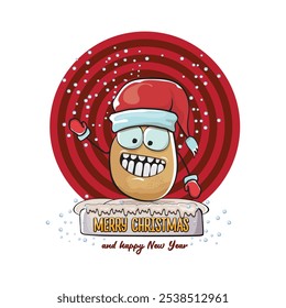 Vector funky cómic de dibujos animados lindo sonriente Papa de Papá Noel con sombrero rojo de Santa y texto caligráfico feliz Navidad aislado en fondo abstracto con nieve. Arte de Clip de Papá Noel feliz
