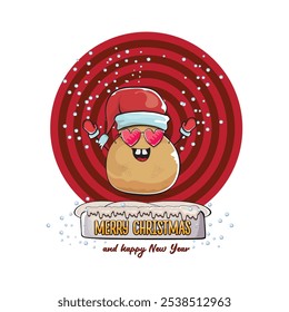 vector funky comic cartoon cute smiling santa claus potato with red santa hat and calligraphic merry christmas text isolated on abstract background with snow. Happy Santa Claus clip art