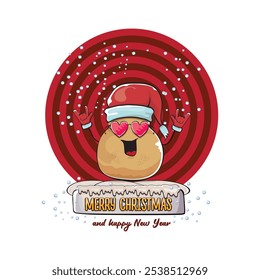 vetor funky quadrinhos cartoon bonito sorridente santa claus batata com chapéu vermelho santa e caligrafia alegre natal texto isolado no fundo abstrato com neve. Feliz Papai Noel clip art