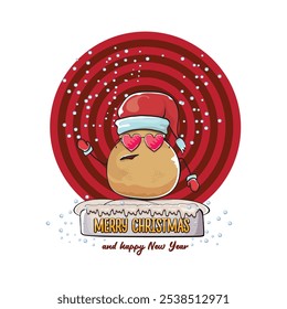 vector funky comic cartoon cute smiling santa claus potato with red santa hat and calligraphic merry christmas text isolated on abstract background with snow. Happy Santa Claus clip art