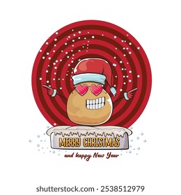 vector funky comic cartoon cute smiling santa claus potato with red santa hat and calligraphic merry christmas text isolated on abstract background with snow. Happy Santa Claus clip art