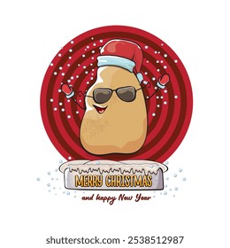 vector funky comic cartoon cute smiling santa claus potato with red santa hat and calligraphic merry christmas text isolated on abstract background with snow. Happy Santa Claus clip art