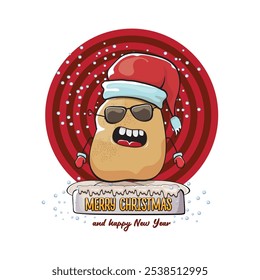 vector funky comic cartoon cute smiling santa claus potato with red santa hat and calligraphic merry christmas text isolated on abstract background with snow. Happy Santa Claus clip art