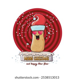 vector funky comic cartoon cute smiling santa claus potato with red santa hat and calligraphic merry christmas text isolated on abstract background with snow. Happy Santa Claus clip art