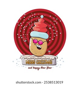 vector funky comic cartoon cute smiling santa claus potato with red santa hat and calligraphic merry christmas text isolated on abstract background with snow. Happy Santa Claus clip art