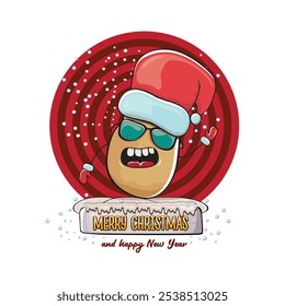 vector funky comic cartoon cute smiling santa claus potato with red santa hat and calligraphic merry christmas text isolated on abstract background with snow. Happy Santa Claus clip art