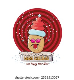 vector funky comic cartoon cute smiling santa claus potato with red santa hat and calligraphic merry christmas text isolated on abstract background with snow. Happy Santa Claus clip art
