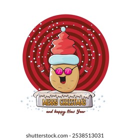 vector funky comic cartoon cute smiling santa claus potato with red santa hat and calligraphic merry christmas text isolated on abstract background with snow. Happy Santa Claus clip art